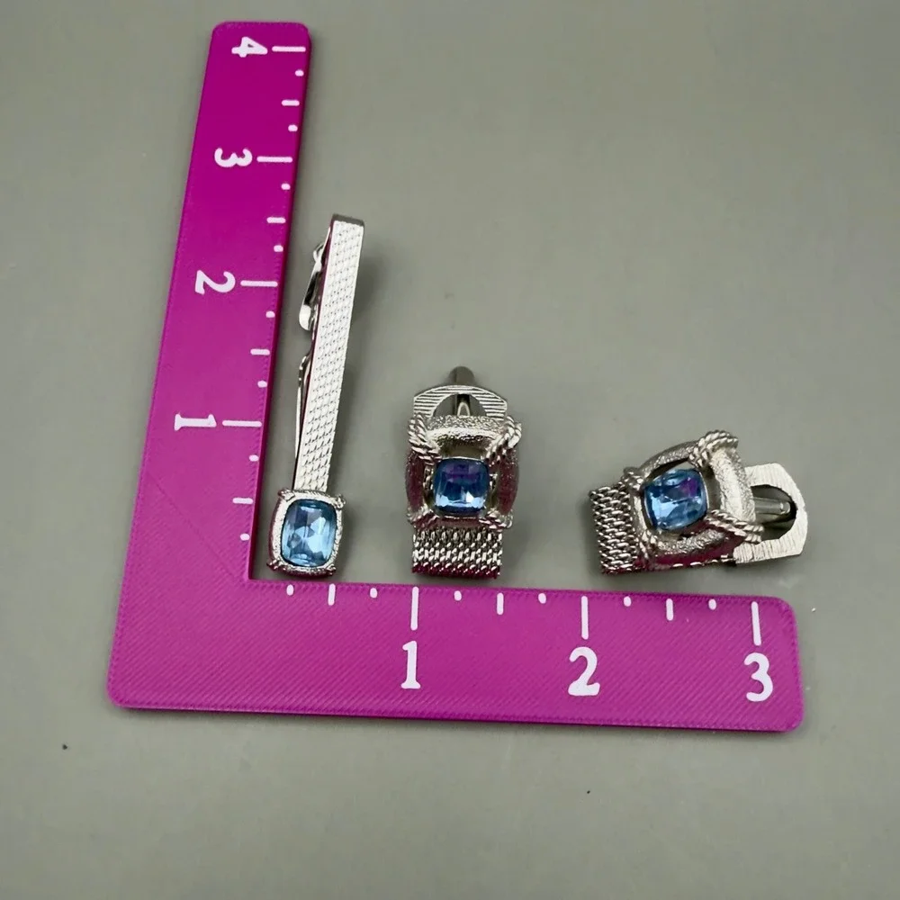 Swank Cufflinks Tie Clip Set Silver Tone Blue Rhinestone Mesh Wrap Men Accessory